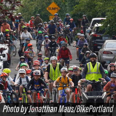Sam Balto and the Alameda Elementary School Bike Bus. Photo by Jonathan Maus, BikePortland
