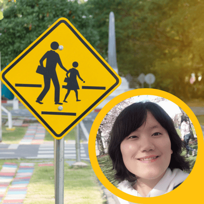 A pedestrian sign and a headshot of Kyu Ri Kim