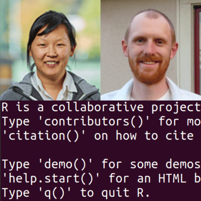 Tammy Lee and Joe Broach headshots. Image of lines of code on a screen.