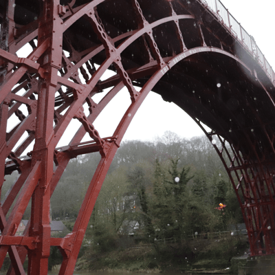 A bridge with red gusset plates