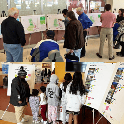 Two MURP public engagement events, with community members looking over materials and discussing plans.