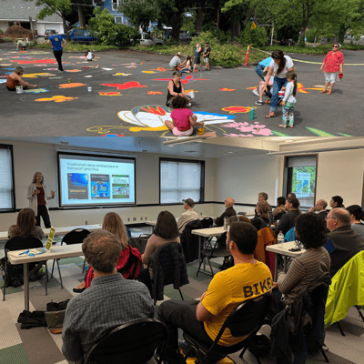 Photo of classroom, transportation seminar in progress. Above: block painting event.