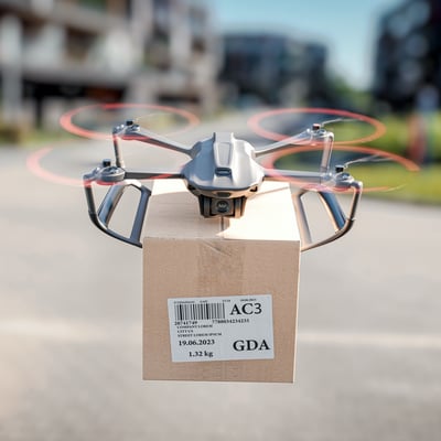 A drone carrying a package